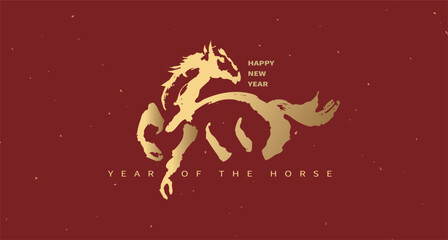 Chinese New Year and Year of the Horse theme featuring an elegant golden calligraphy character &lsquo;Horse&rsquo; on a red background. Perfect for greeting cards, posters, and New Year decorations.