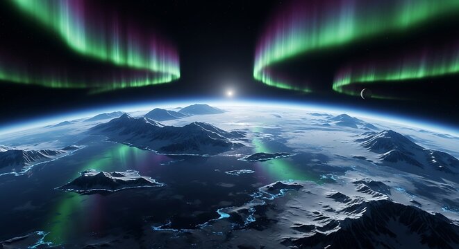 Spectacular Aurora Borealis over a frozen planet Earth from space. - Powered by Adobe