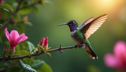 Naklejka premium Emerald hummingbird hovers near pink blossoms on branch bathed in sunlight. Tiny bird displays vibrant iridescent feathers against green foliage backdrop. Image captures beauty of wildlife, natural