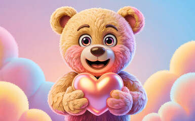 3d rendered fluffy teddy bear holding shiny pink heart, cute smiling cartoon animal character portrait, pastel clouds background for valentines day, love concept, romantic wallpaper, greeting card.
