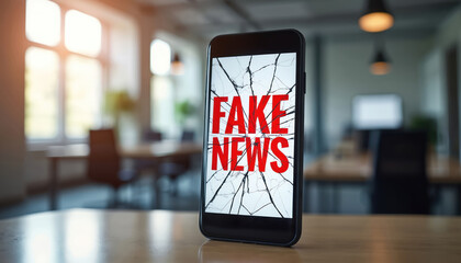 Mobile phone with cracked screen displays red FAKE NEWS text. Smartphone on office table shows misinformation concept. Broken phone screen untrustworthy media, digital propaganda, spread of hoaxes,