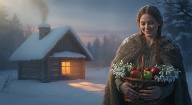 Girl in a gentle magical mood holding a basket of primroses and strawberries in a snowy landscape with a hut backdrop