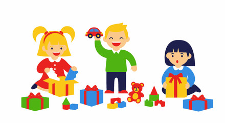 Children Opening Christmas Gifts Happily