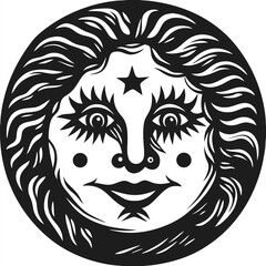 Black and white portrays a smiling cartoon moon face within a circle
