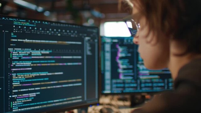 Cinematic Close-Up of a Young Developer Coding on a Desktop Computer, Back Facing the Camera as the Shot Pans Forward, Highlighting Focus, Precision, and a Modern High-Tech Workspace