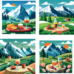 Vsai mountain picnic with drinks in summer landscape