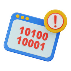 3d rendering programming code error icon with binary numbers and alert symbol