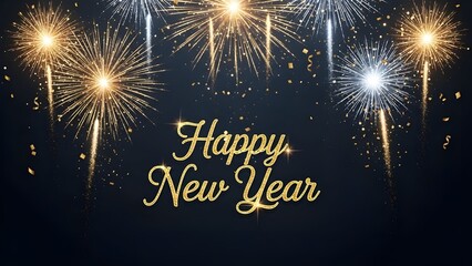 Festive Happy New Year digital illustration, silver and gold fireworks, glowing confetti, dark cinematic background, high-res celebratory artwork