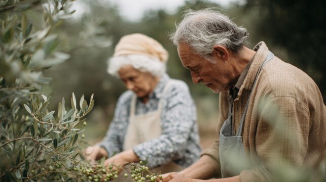 Elderly couple in an olive grove. - Powered by Adobe