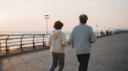 Elderly couple walking on a boardwalk near the ocean. the boardwalk is made of brick and has a railing on one side.