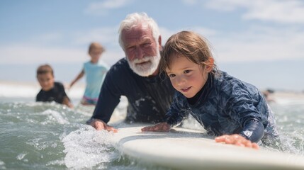 Elderly man and a young girl on a surfboard in the ocean.