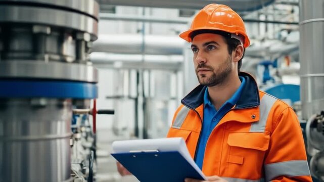 Industrial engineer in orange hard hat and hi vis jacket reviewing blueprints in factory plant