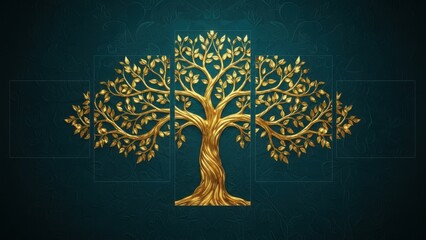 Majestic golden tree of life symbolizing growth and connection with intricate branching and leafy canopy