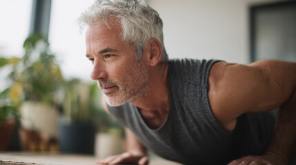Middle-aged man with grey hair and a beard, wearing a grey tank top. he is in a plank position on a wooden surface, with his arms and legs stretched out in front of him.