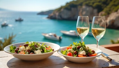 Greek salad served near sea. Summer lunch consists of cheese tomatoes and olives. Boats sail on clear water with blue sky. Refreshing white wine served next to food.
