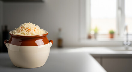 Homemade sauerkraut in ceramic crock, mound of finely shredded fermented cabbage with carrot on rustic pot standing on bright kitchen counter, probiotic food, healthy gut friendly fermentation concept