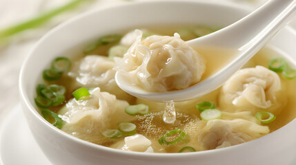 Wonton soup serving with spoon of delicious dumplings
