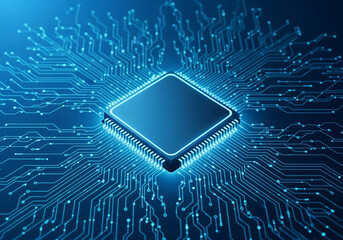 A digital illustration of a computer processor, prominently centered within the frame