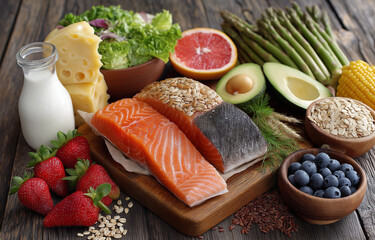 Spread of healthful ingredients over a vintage wooden background.