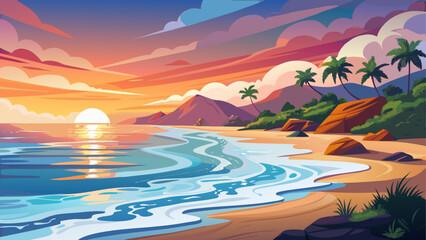 A peaceful beach at sunset celebrating World Ocean&rsquo;s Day, with gentle waves lapping the shore and soft white foam. Serene natural scene highlighting coastal beauty, relaxation, and ocean conservation