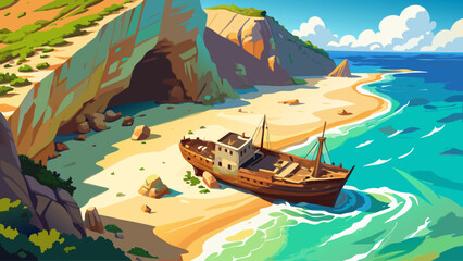 High-angle drone footage capturing the famous rusting ship on Navagio Beach, Zakynthos. Stunning turquoise waters surrounded by steep cliffs, creating a cinematic, serene, and timeless coastal vista 