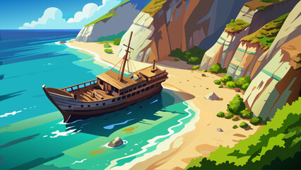 High-angle drone footage capturing the famous rusting ship on Navagio Beach, Zakynthos. Stunning turquoise waters surrounded by steep cliffs, creating a cinematic, serene, and timeless coastal vista 