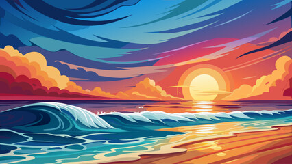 Sunset over a tranquil beach with soft ocean waves and foamy surf, symbolizing World Ocean&rsquo;s Day. Vibrant yet calming seascape ideal for conservation, wellness, and nature-themed visuals