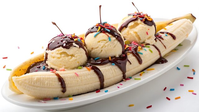 Classic banana split dessert with ice cream chocolate sprinkles