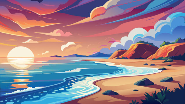 A peaceful beach at sunset celebrating World Ocean’s Day, with gentle waves lapping the shore and soft white foam. Serene natural scene highlighting coastal beauty, relaxation, and ocean conservation