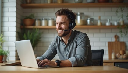 Smiling man works remotely from home kitchen. Wears wireless headset, uses laptop, talks to clients online. Male operator provides customer support service, advising customers from modern kitchen