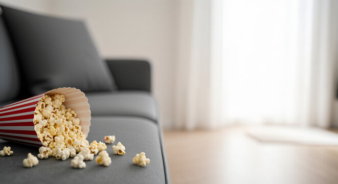 Spilled popcorn on couch red striped paper box tipped over on modern grey sofa, scattered snack in bright living room, movie night mess, home entertainment,copy space for cleaning or lifestyle concept - Powered by Adobe