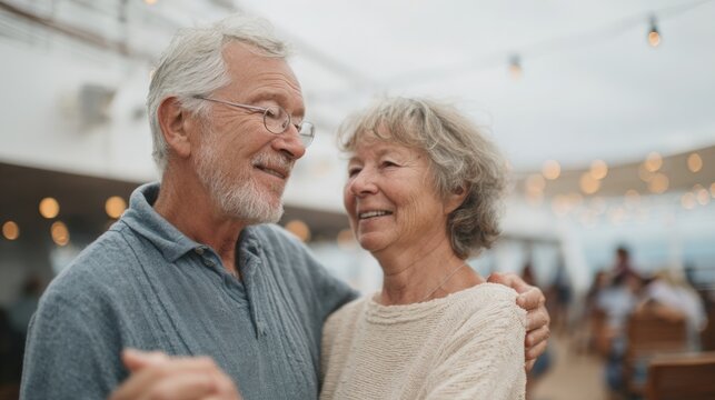 Elderly couple dancing together in a large room with string lights hanging from the ceiling. - Powered by Adobe