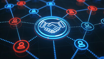 Networking and Collaboration: An intricate digital illustration that showcases a central handshake icon surrounded by interconnected nodes representing individuals.