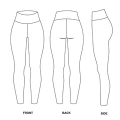 Vector illustration of basic leggings, front, back, and side views. Fashion sketch of cycling leggings for women. Clothing template for sports, yoga, Pilates, running, gym, walking. 