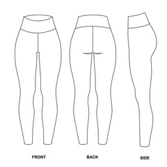 illustration of basic leggings, front, back, and side views. Fashion sketch of cycling leggings for women. Clothing template for sports, yoga, Pilates, running, gym, walking. 