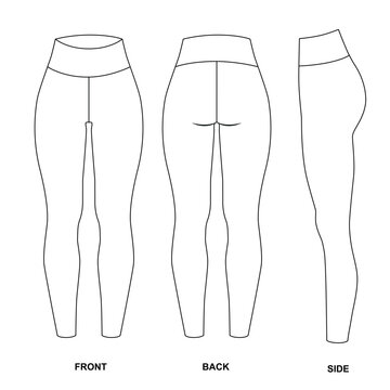 Vector illustration of basic leggings, front, back, and side views. Fashion sketch of cycling leggings for women. Clothing template for sports, yoga, Pilates, running, gym, walking. 