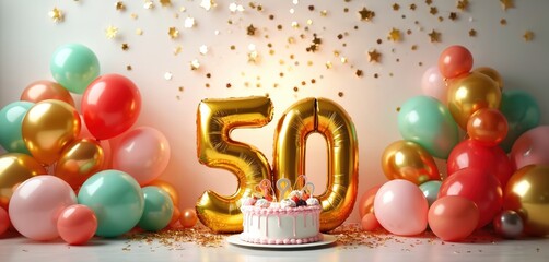 Golden foil balloons spell out fifty with a decorated cake and colorful balloons. Party elements suggest a festive 50th birthday celebration event for any age.