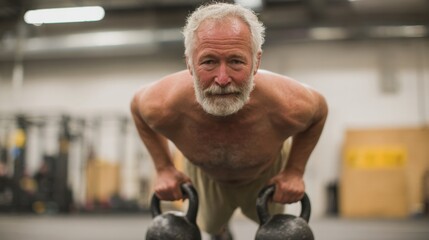 Elderly man with a white beard and mustache, lifting kettlebells in a gym. he is shirtless and appears to be in the middle of a workout.