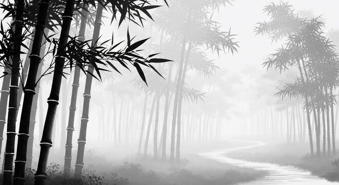 Bamboo forest in fog asian style monochrome nature landscape - Powered by Adobe