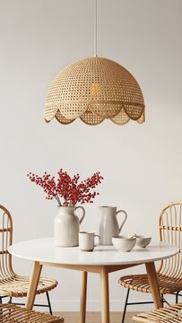 Wicker pendant light fixture above dining table with flowers and dishes