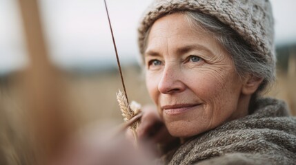 Close-up portrait of an elderly woman with gray hair and blue eyes. she is wearing a knitted beanie and a gray scarf around her neck.