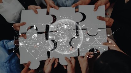 A group of diverse individuals collaborates over puzzle pieces, symbolizing teamwork and global networking. The image explores themes of innovation and connectivity in the business world. Raster - Powered by Adobe