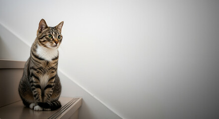 Stray cat sitting on stairs calm tabby cat with green eyes resting on indoor steps against clean wall, minimalist home interior, pet adoption, loneliness, waiting and contemplation concept