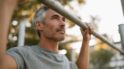 Middle-aged man with grey hair and a beard, holding onto a metal pole with both hands. he is wearing a grey t-shirt and appears to be in a park or outdoor area with trees in the background.
