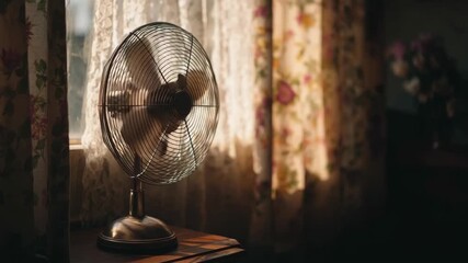 Vintage fan brings a sense of nostalgia to a sunlit room with floral curtains and gentle shadows dancing through the afternoon light