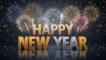 Happy New Year digital artwork with large bold typography, golden and silver letters, sparkling fireworks and confetti, luxurious high-res festive illustration
