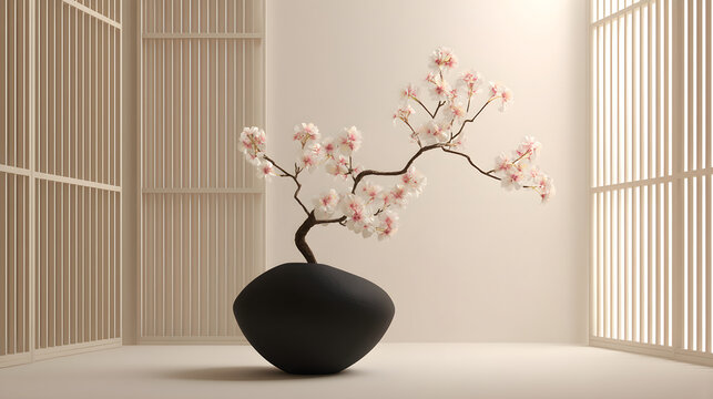 Ikebana sakura arrangement in a minimalist japanese interior