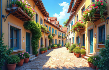 Fototapeta premium Narrow cobblestone street in charming European village lined with colorful houses adorned with potted plants, blooming flowers. Sunlight streams down, creating dappled shadows on old stone path.