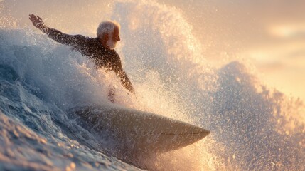 Surfer riding a wave in the ocean at sunset. the surfer is wearing a black wetsuit and is riding a white surfboard. the wave is large and powerful, with white foam splashing around the surfer.