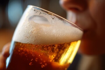 Close-up of a person drinking a frothy glass of beer, highlighting the rich golden color, bubbles, and creamy head. It looks like a refreshing and tasty drink.